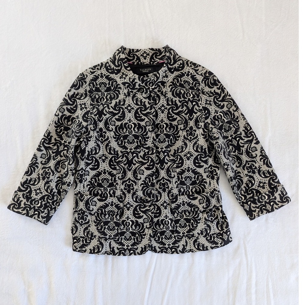Talbots Women's Black White Damask Brocade Blazer Jacket 3/4 Sleeve
